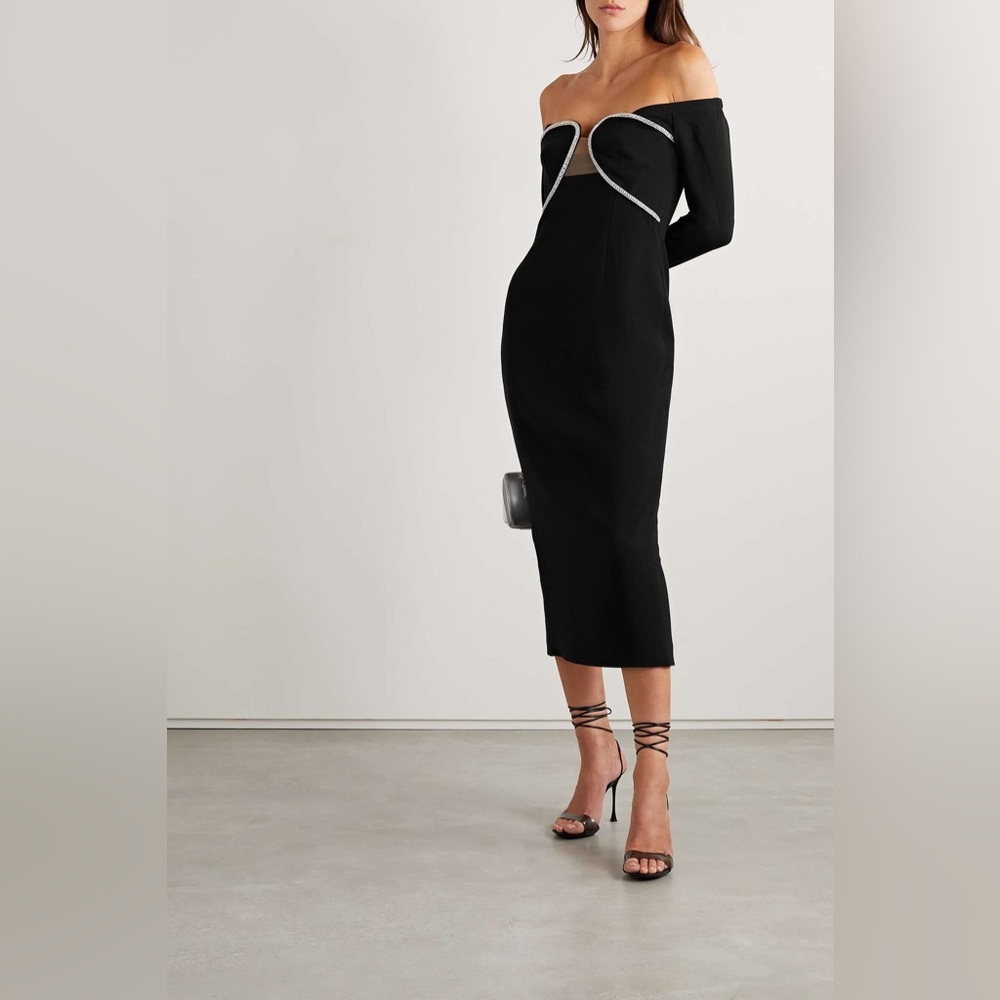 SELF-PORTRAIT Off-The-Shoulder Crystal Embellished tulletrimmed crepe midi dress
